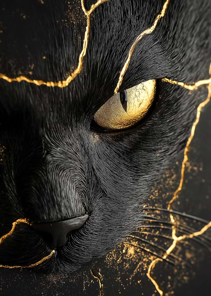 Elegant black cat with golden kintsugi