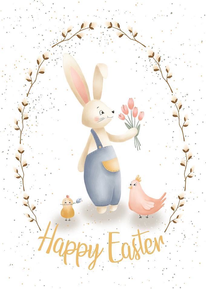 Cute Easter Bunny with Chicks and Flowers