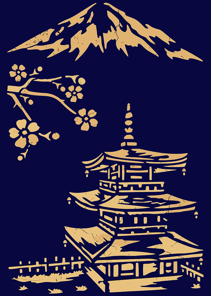 Japanese Mountain Pagoda and Cherry Blossoms