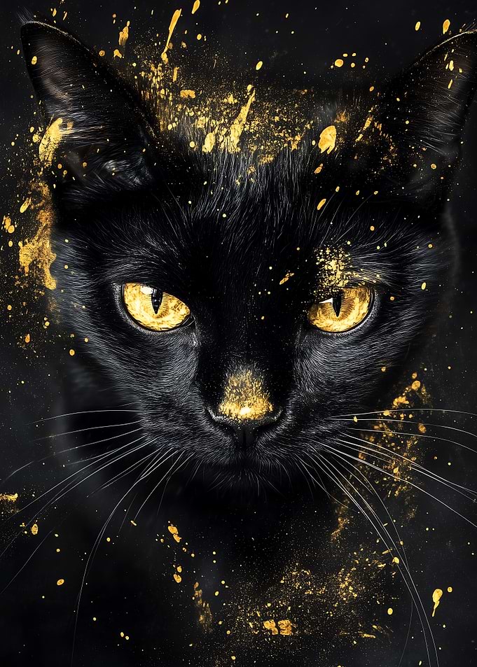 Black cat with golden splatter
