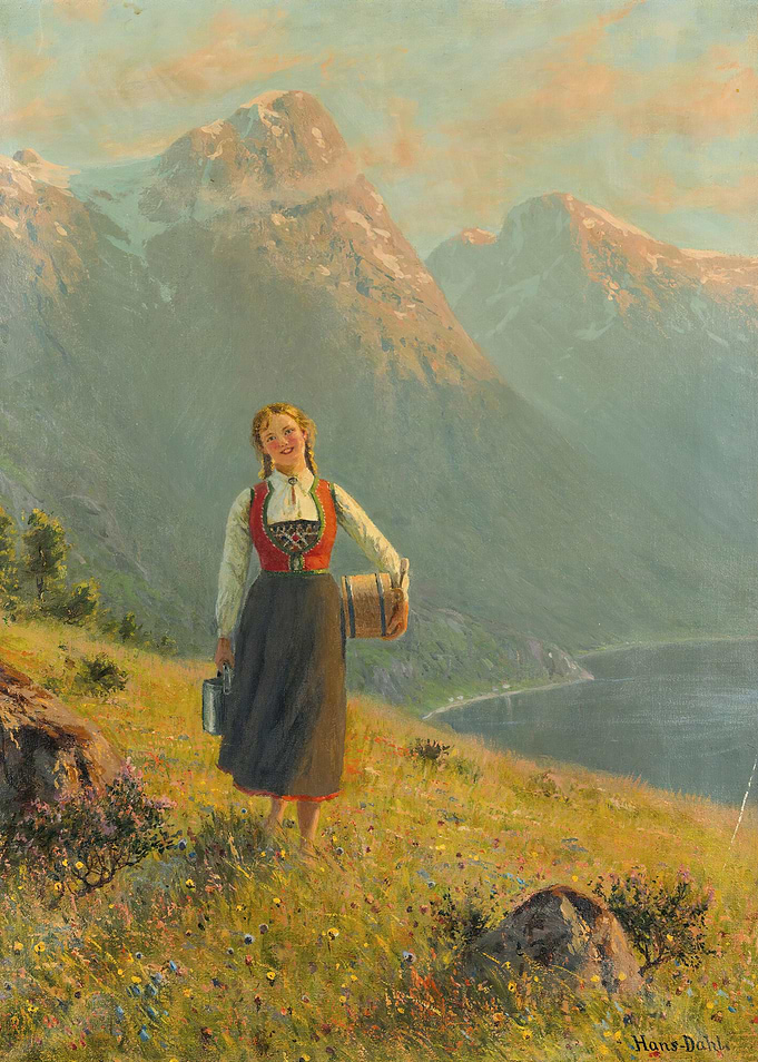 Young Woman in Traditional Norwegian Dress with Milk Pails