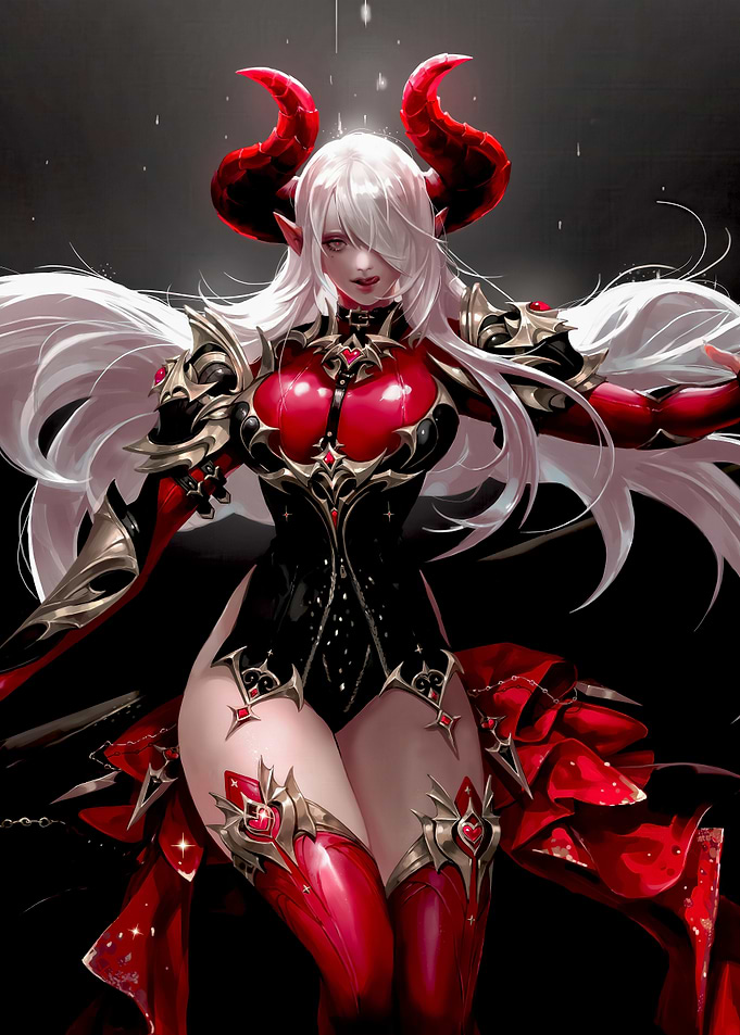 Demoness with White Hair and Red Horns