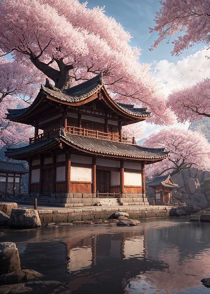 Serene Japanese Temple Amidst Cherry Blossoms