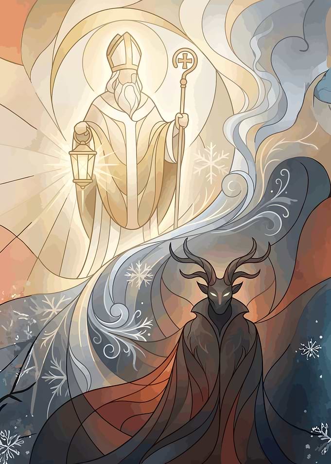 St. Nicholas and Krampus in Stained Glass Style