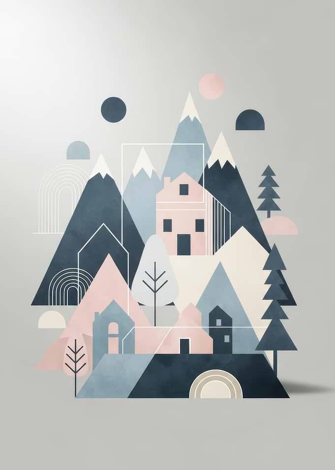Geometric Mountain Village Illustration
