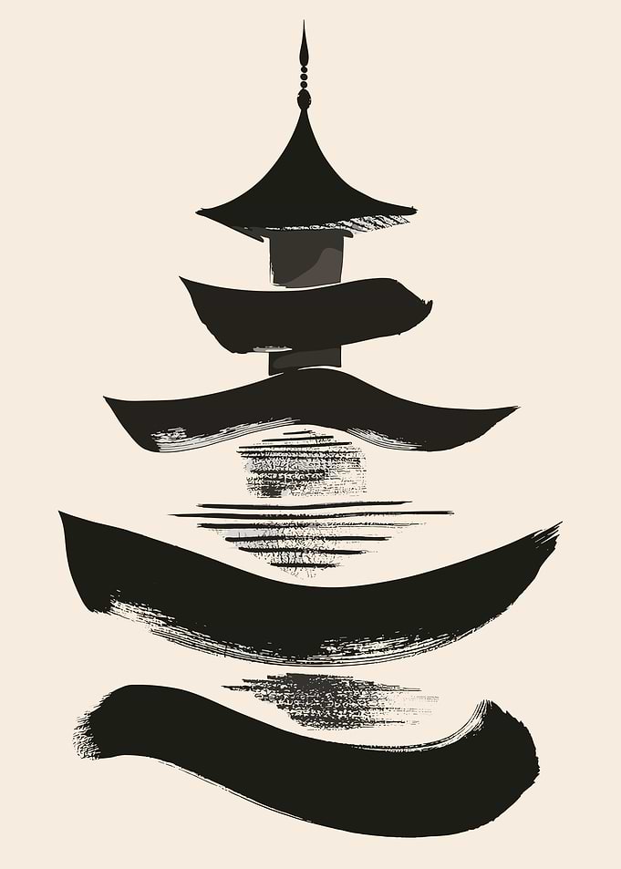 Japanese Pagoda Brush Strokes