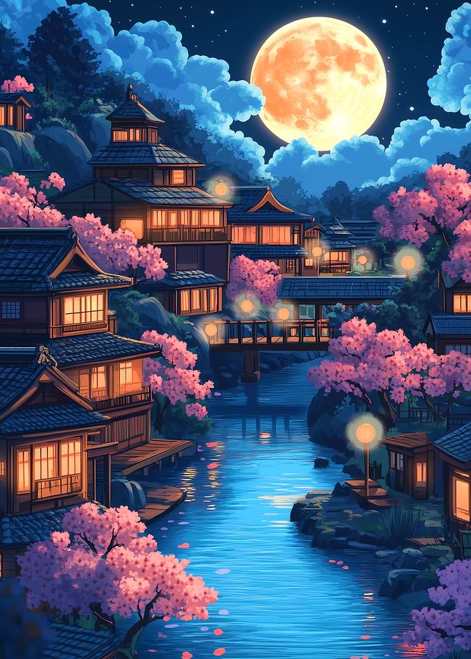 Japanese village under a full moon