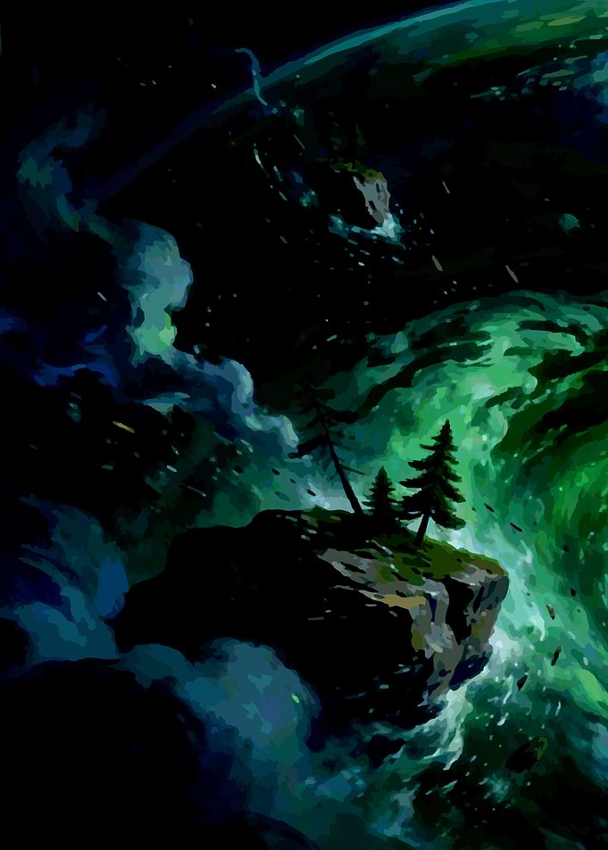 Floating Island with Trees in a Cosmic Storm