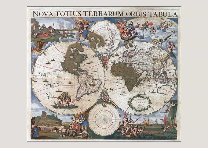 Antique World Map with Allegorical Scenes