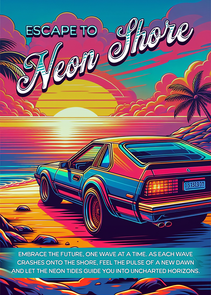 Retro Neon Car at Sunset Beach