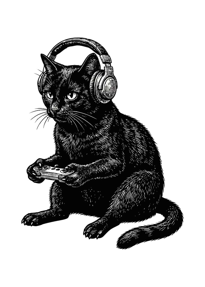 Black Cat Gamer with Headphones
