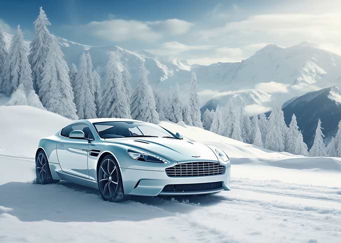 Luxury car in snowy mountains