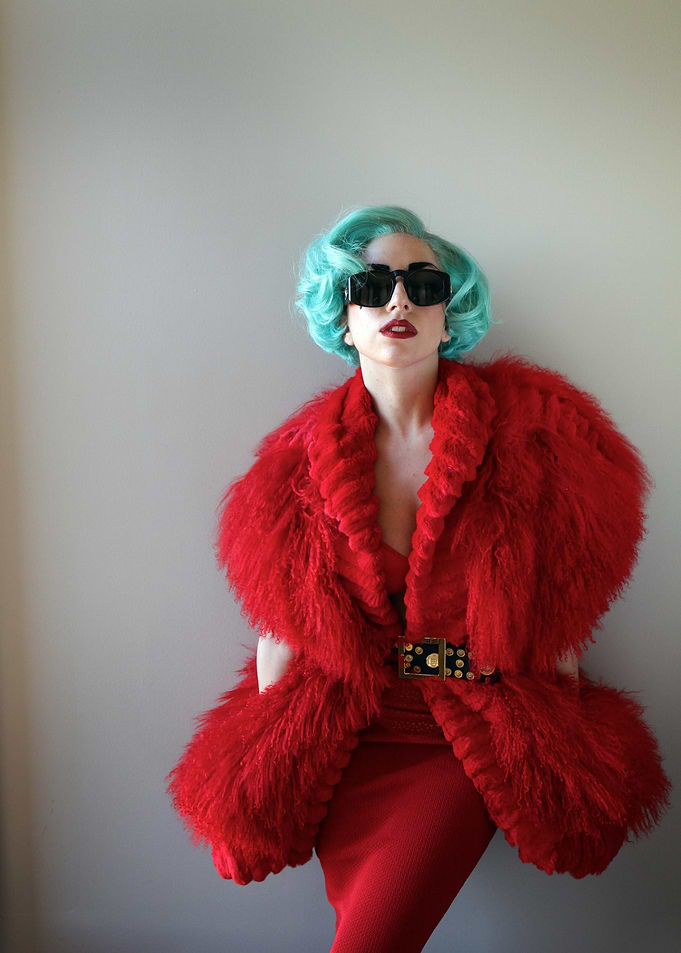 Lady Gaga in Red Fur Coat and Blue Hair