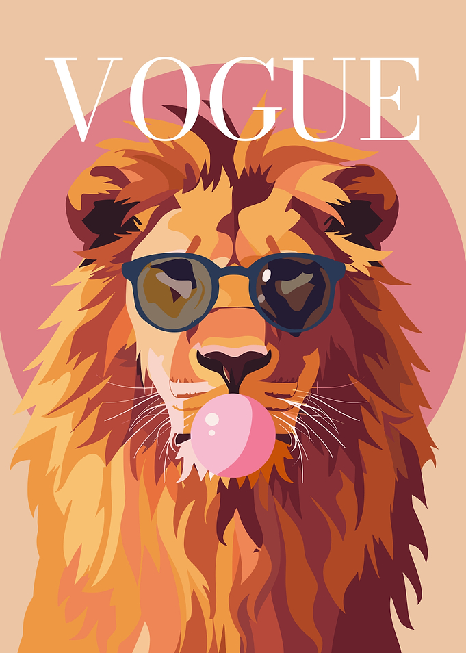 Lion wearing sunglasses chewing bubblegum