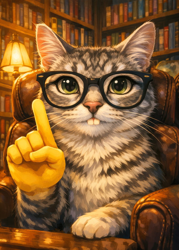 Cat in glasses in library