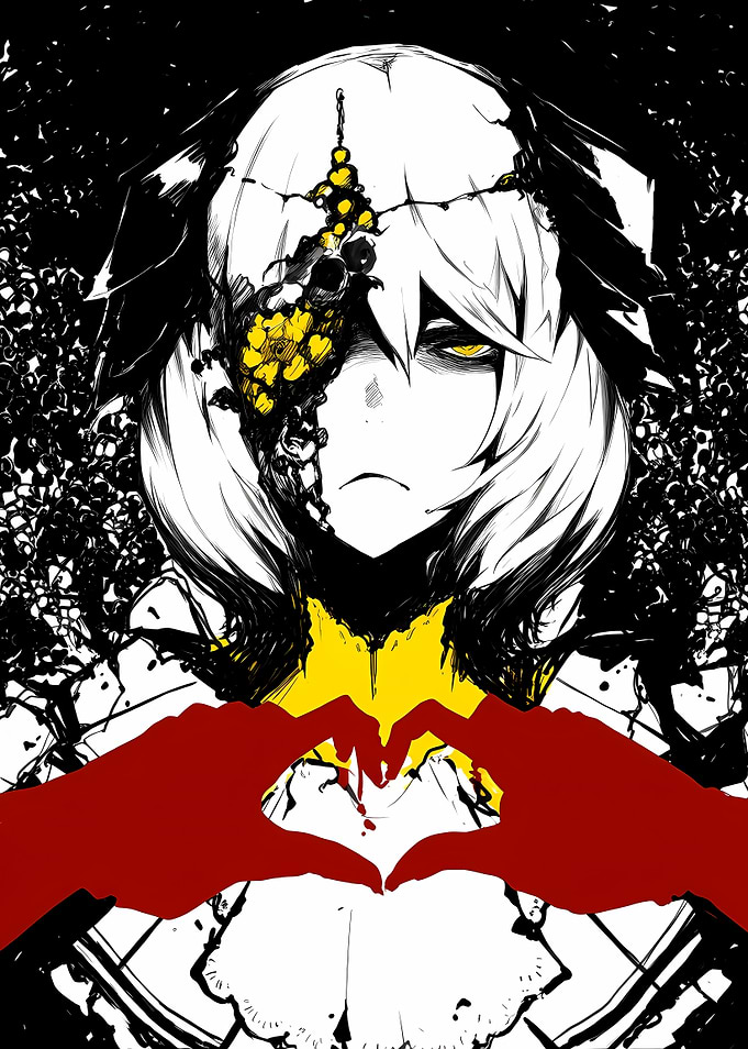 Distressed Anime Character with Heart Hands