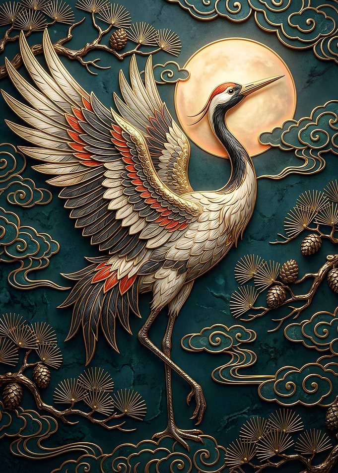 Elegant Crane with Moon and Clouds