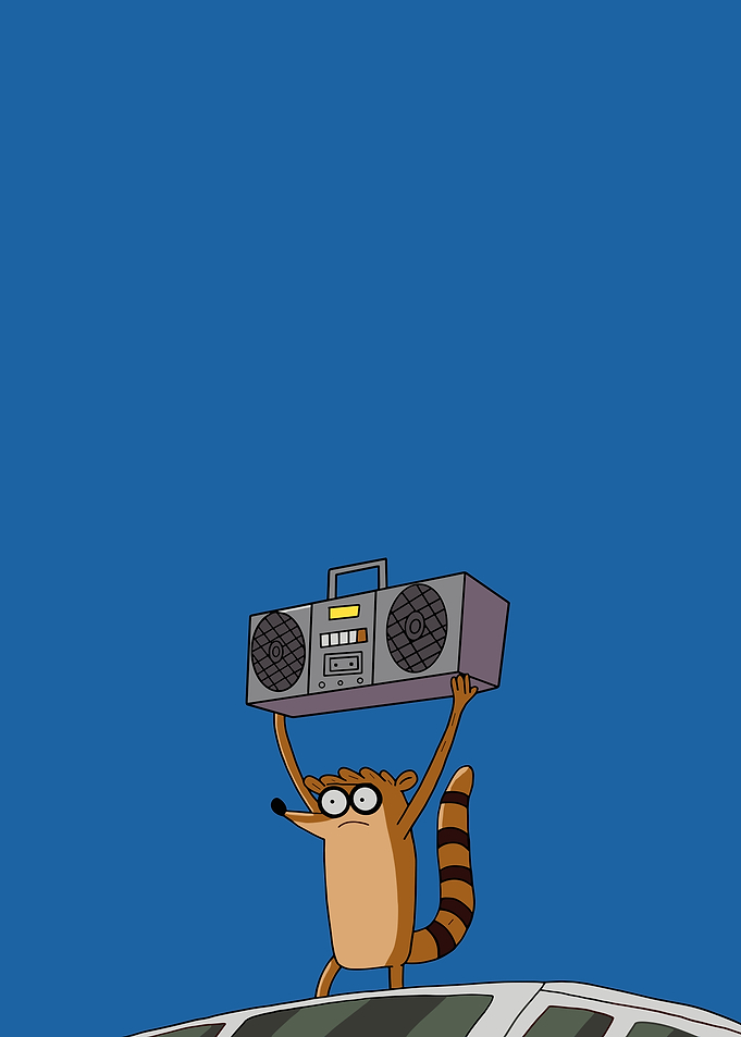 Rigby holding a boombox