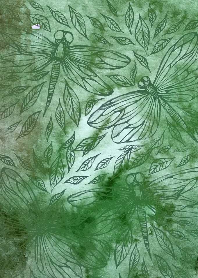 Dragonflies and Leaves Watercolor Art