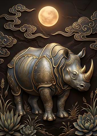 Ornate Rhinoceros Under a Full Moon