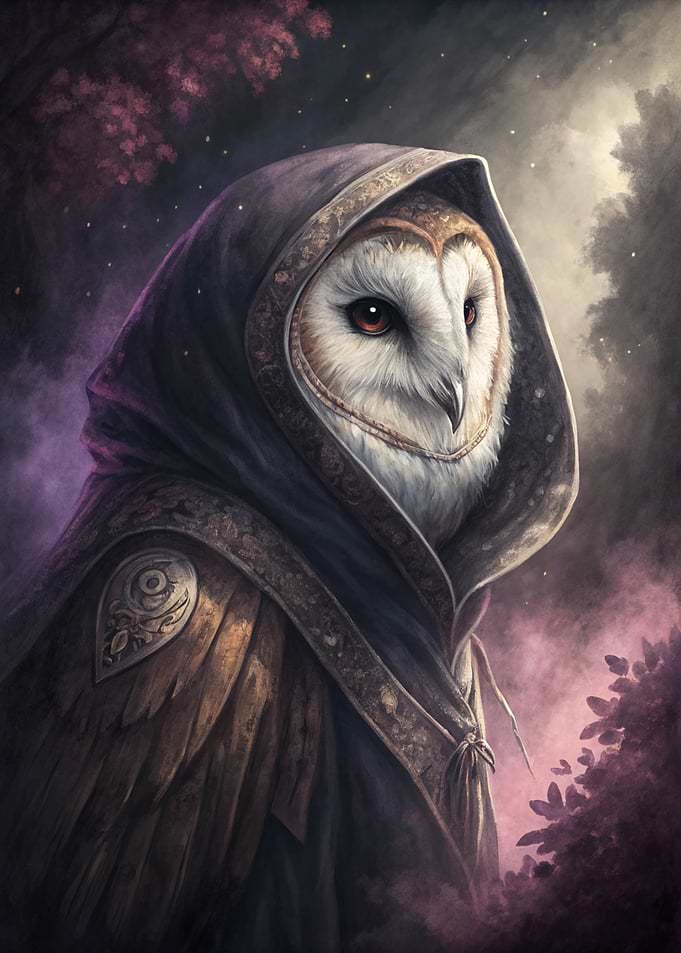 Mysterious hooded owl wizard