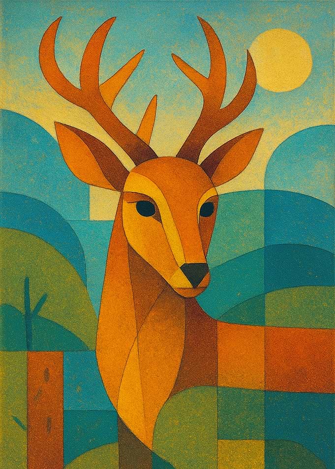 Geometric Deer in a Stylized Landscape