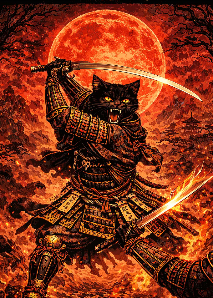 Samurai Cat Warrior Under Red Moon