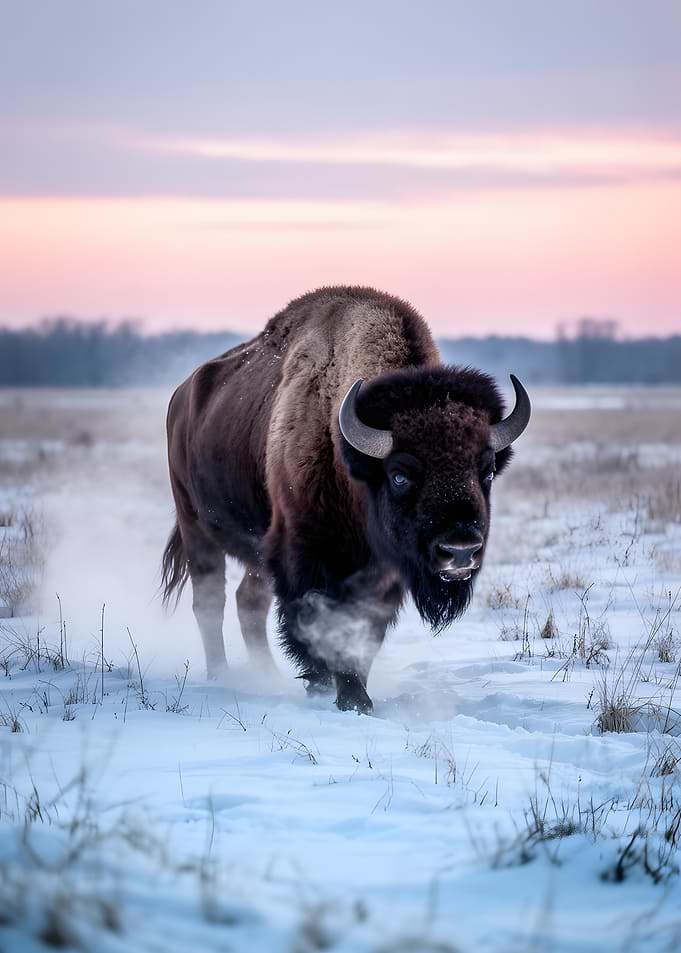 Bison walking in the snow