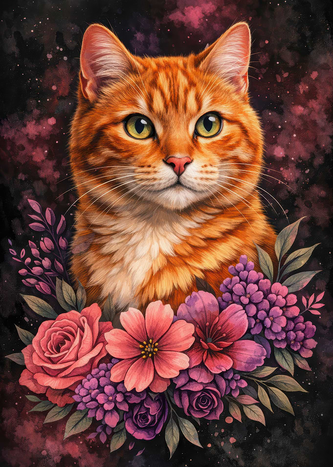 Orange Tabby Cat with Flowers