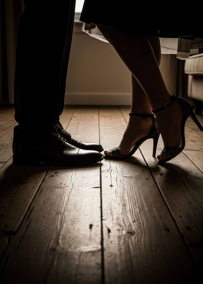 Couple's Feet on Wooden Floor