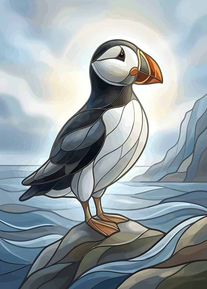 Modern Puffin Stained Glass Coastal Bird Geometric Nature Art