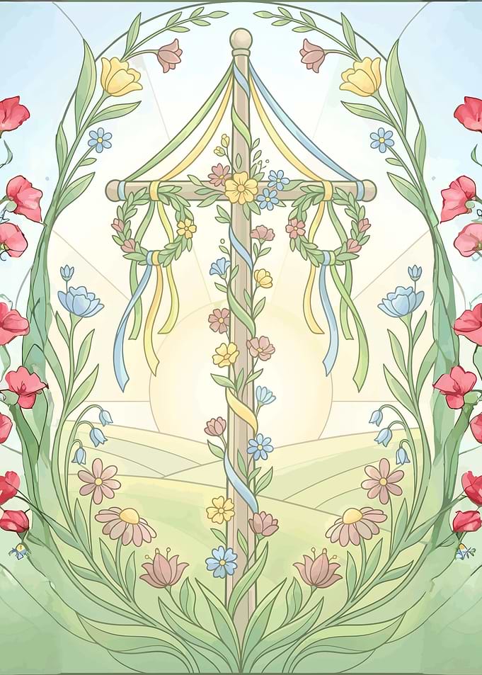 Modern Midsummer Midsommar Maypole Stained Glass Scandinavian Floral Art