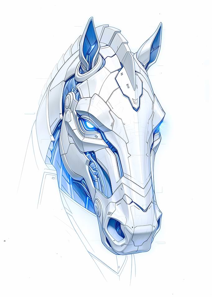 Robotic Horse Head with Blue Eyes