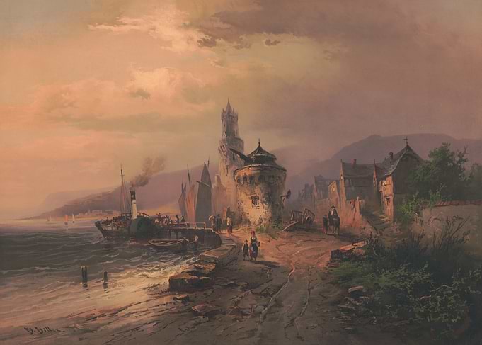 Riverfront Town with Steamboat and Castle