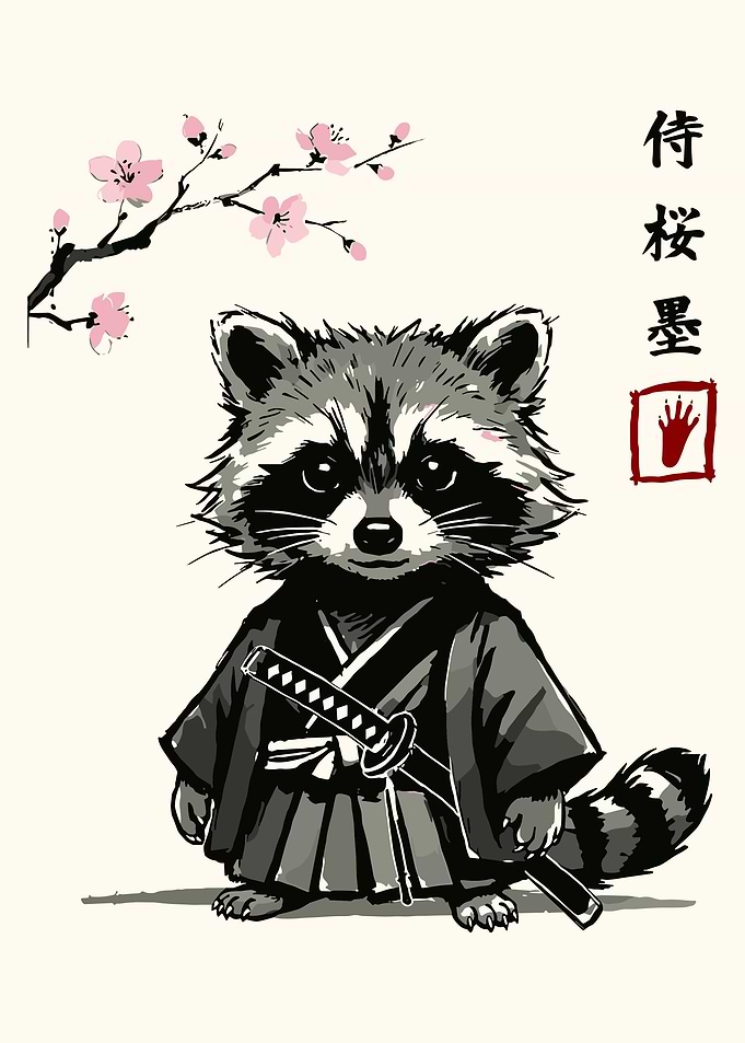 Samurai Raccoon Poster, Japanese Cherry Blossom Wall Art, Cute Warrior Animal Print