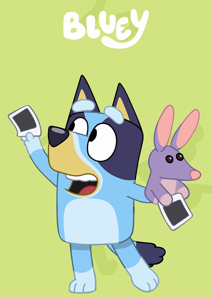 Bluey holding photos and a toy