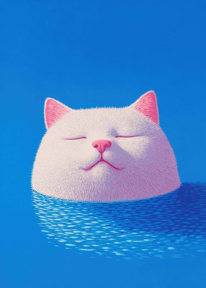 Content Cat Floating in Blue Water