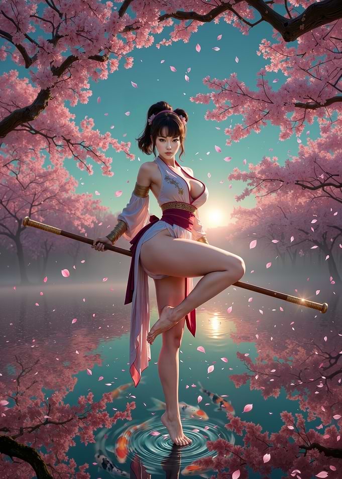 Samurai Woman in Cherry Blossom Garden