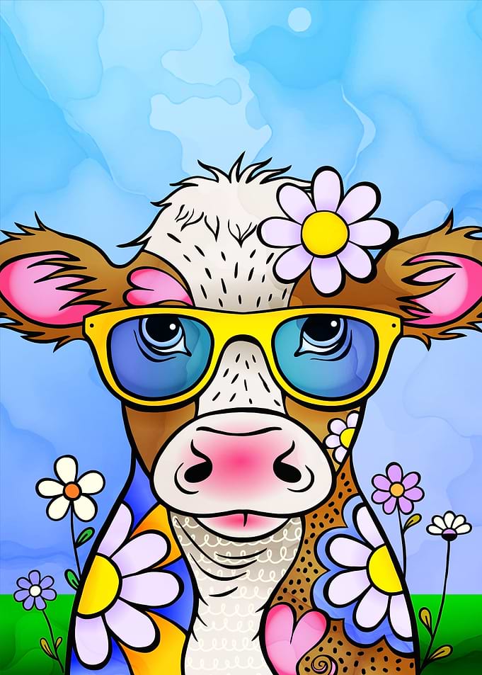 Dairy Cow with Flowers and Sunglasses