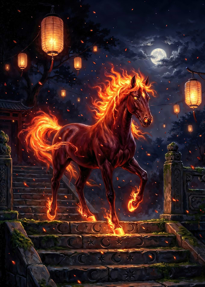 Fire Horse on Moonlit Steps