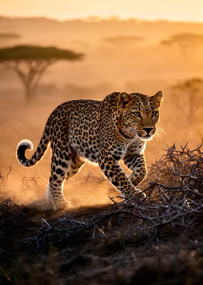 Leopard walking at sunset