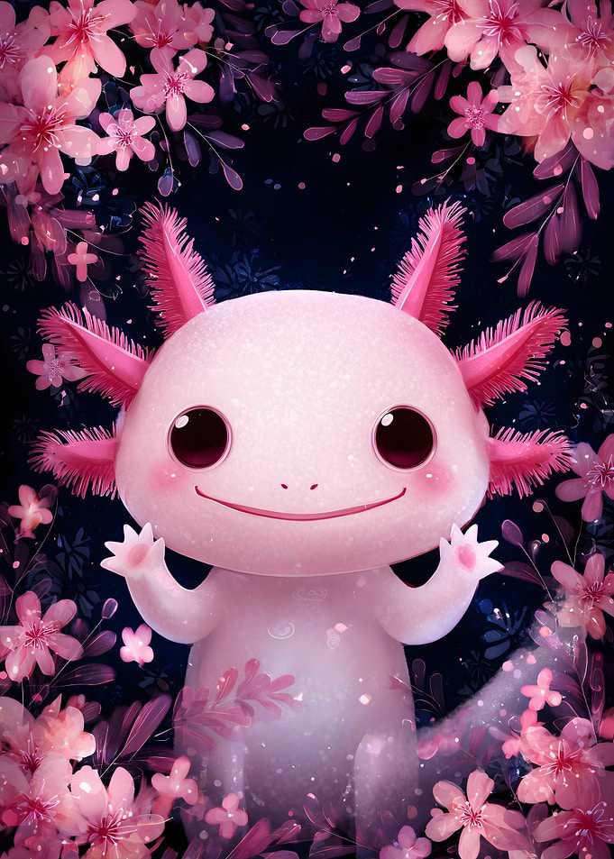 Cute Axolotl Surrounded by Pink Flowers
