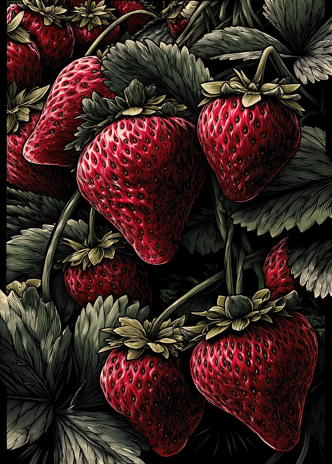 Close-up of Ripe Strawberries and Leaves