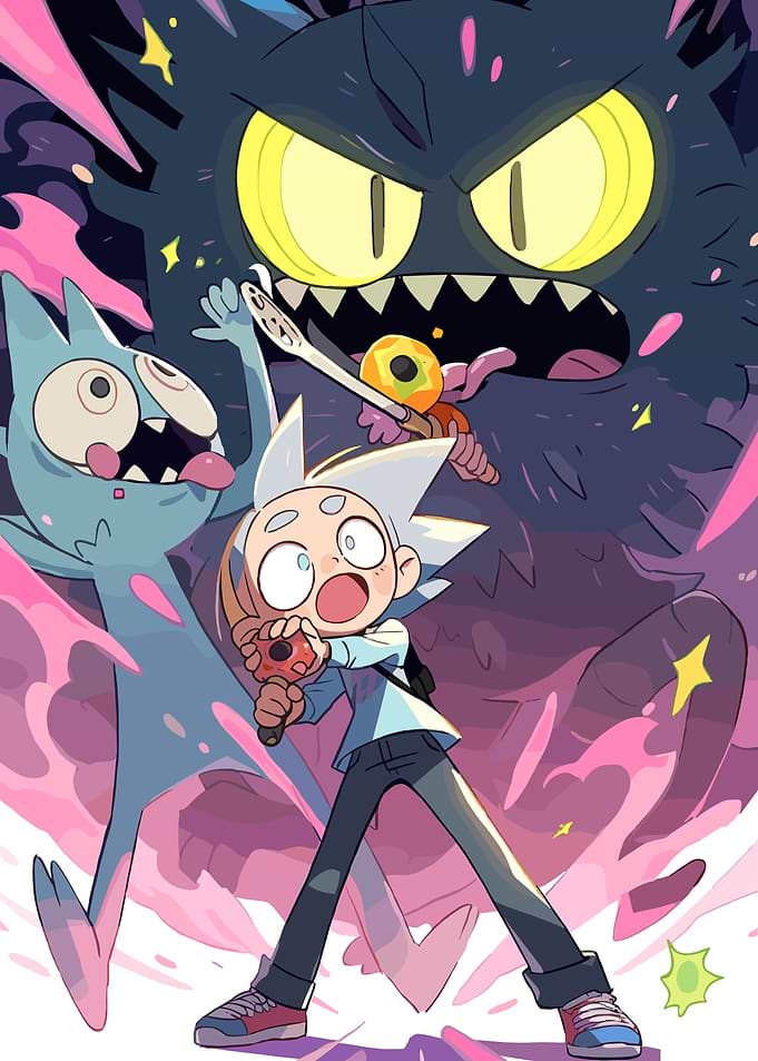 Anime characters fighting a monster