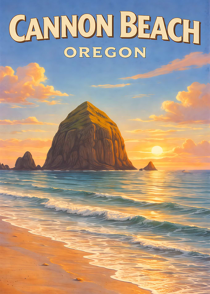 Cannon Beach Oregon Wall Art – Vintage Travel Poster Print – Haystack Rock Sunset Coastal Decor