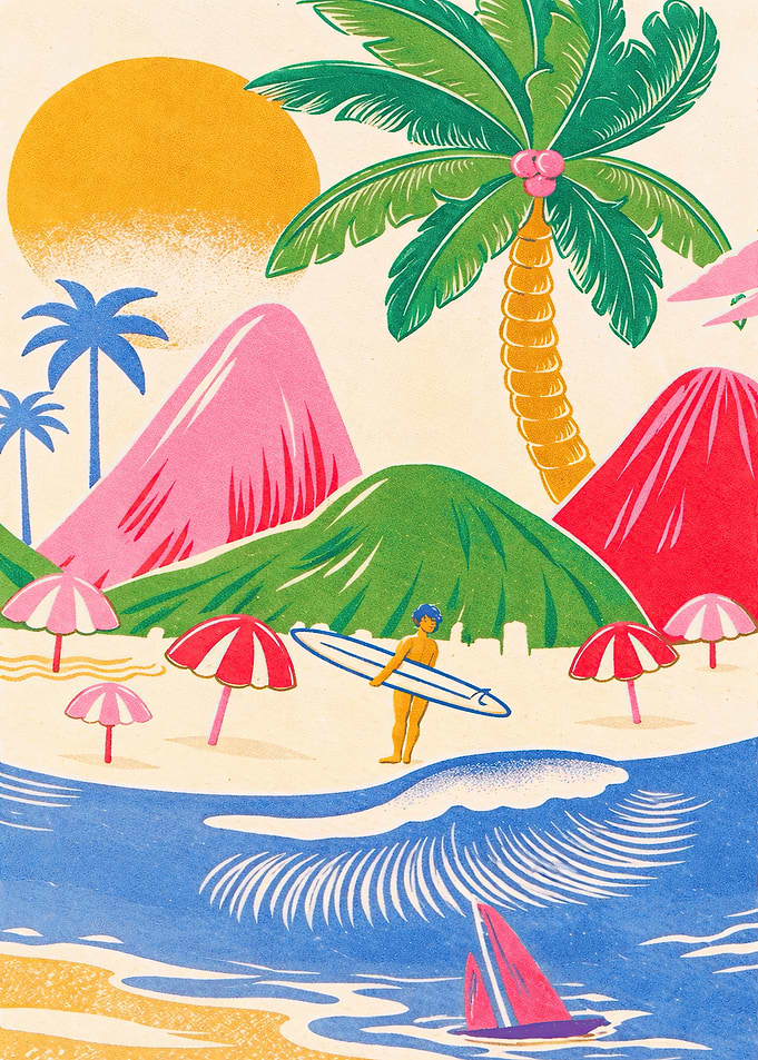 Tropical Beach with Surfer and Sailboat