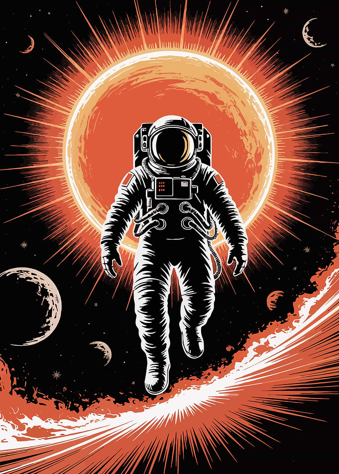 Astronaut in Space with Sun and Planets