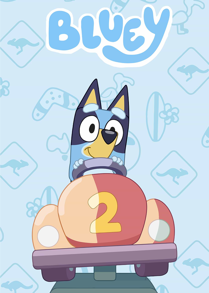Bluey in a race car