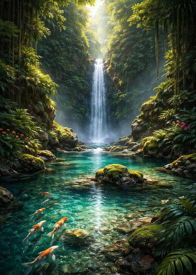 Tranquil Waterfall with Koi Pond