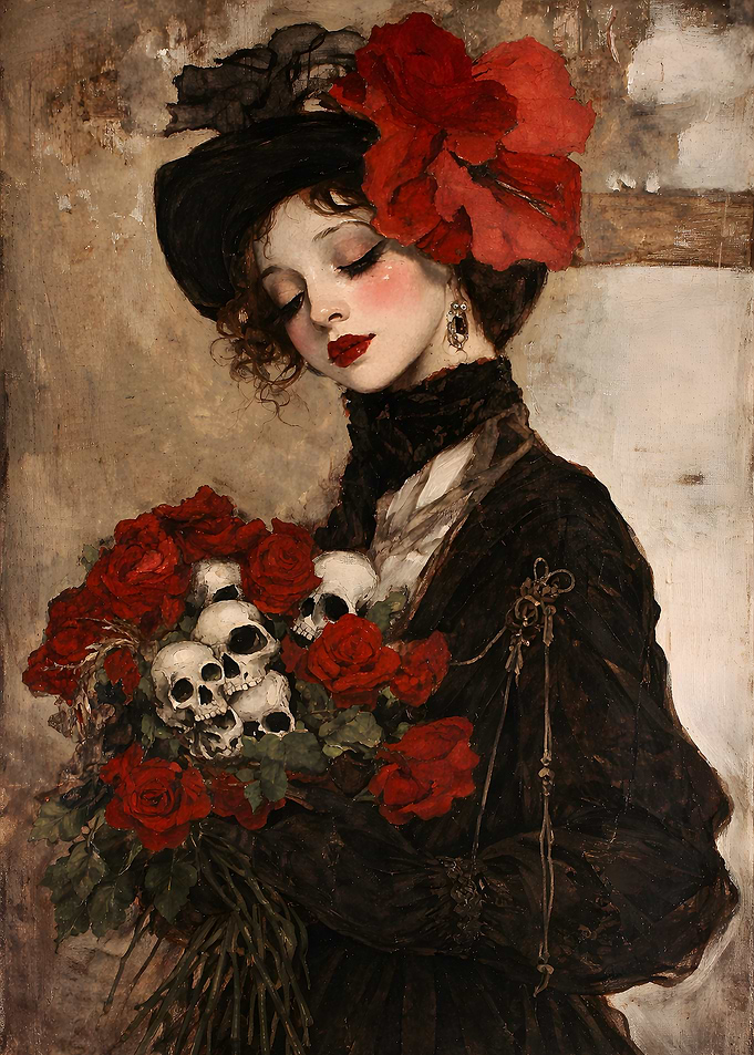 Gothic Woman with Roses and Skulls